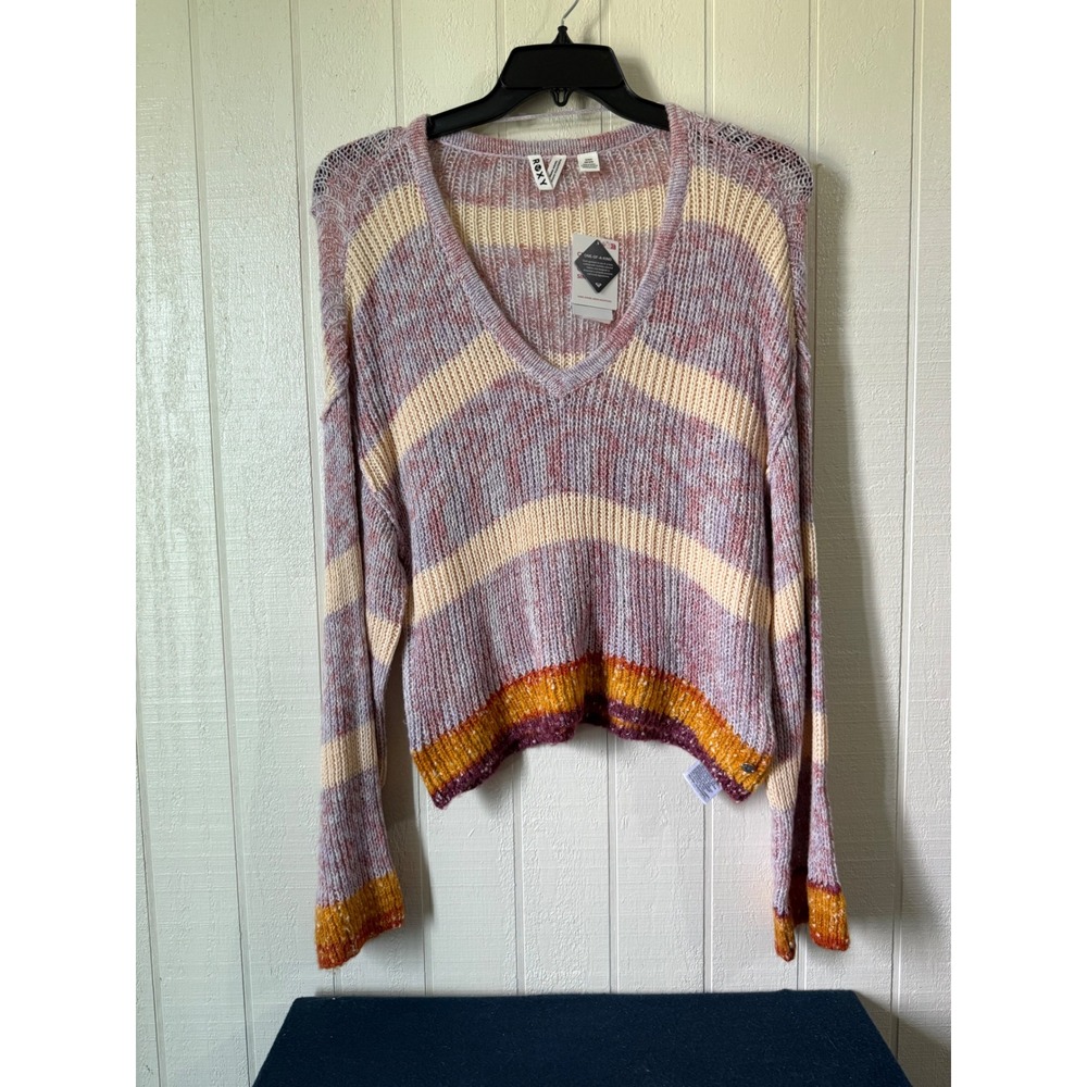 Roxy Womens V-Neck Striped Space Dye Knit Sweater Purple Orange Cream Medium